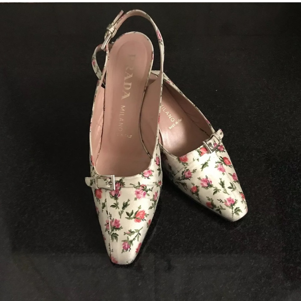 Prada Rosebud Silk Sling Back Kitten Heel 40/10
